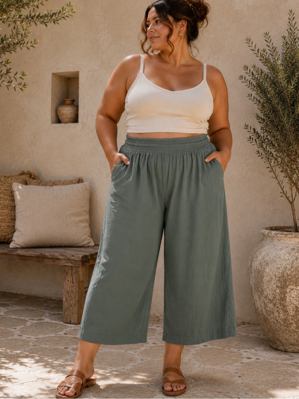 Briggs Women's XL Olive Green Wide Leg Flowy Pants Pull-On Elastic Waist Pockets